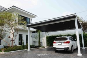 ตัวอย่างแบบโรงจอดรถที่ตั้งอยู่แยกจากตัวบ้าน